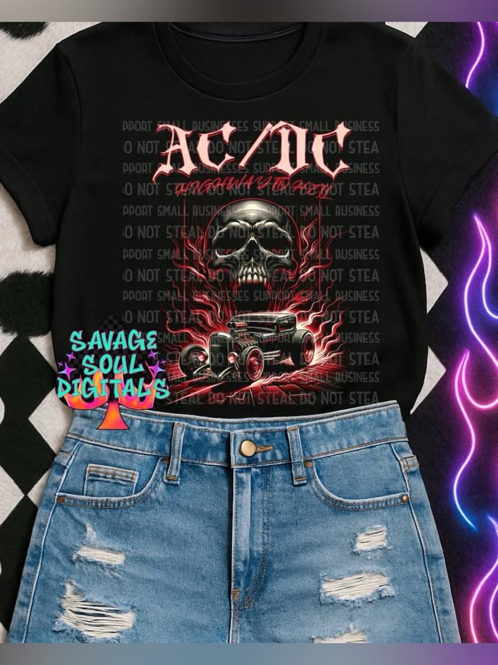 Black AC/DC Graphic Tshirt - Skull & Hot Rod Design XS-4X